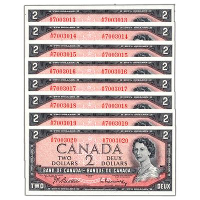 SOLD $2 1954 Bank of Canada Notes A/R Prefix BC-38b - 8 Consecutive 1XAU 7XCh UNC