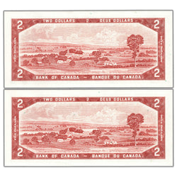$2 1954 Bank of Canada Notes J/G Prefix BC-38c - 2 Consecutive Ch UNC