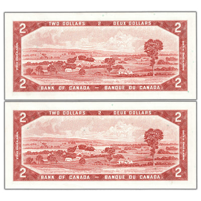 $2 1954 Bank of Canada Notes J/G Prefix BC-38c - 2 Consecutive Ch UNC