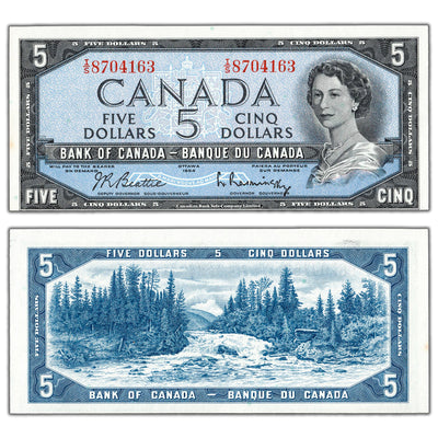 $5 1954 Bank of Canada Note Beattie-Rasminsky I/S Prefix BC-39b - AU+