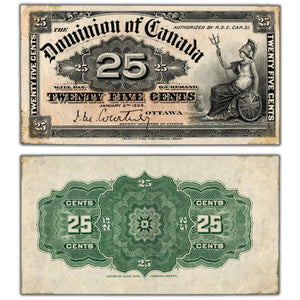 SOLD 25 Cents 1900 Dominion of Canada Note Shinplaster Courtney DC-15a - VF/EF (tape)