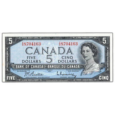 $5 1954 Bank of Canada Note Beattie-Rasminsky I/S Prefix BC-39b - AU+