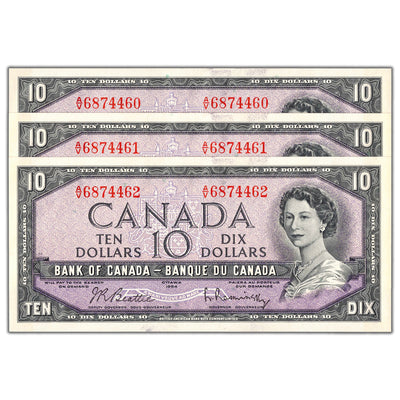 SOLD $10 1954 Bank of Canada Notes A/V Prefix BC-40b - 3 Consecutive Ch UNC