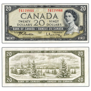 SOLD $20 1954 Bank of Canada Note Beattie-Rasminsky M/E Prefix BC-41b - EF