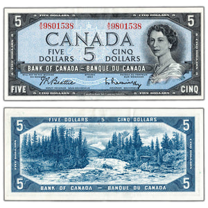 SOLD $5 1954 Bank of Canada Note Beattie-Rasminsky A/S Prefix BC-39b - AU