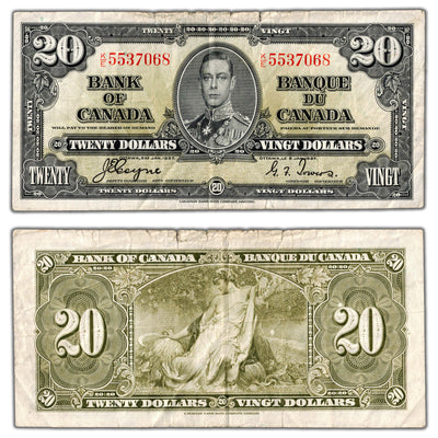 $20 1937 Bank of Canada Note Coyne-Towers K/E Prefix BC-25c - Edge Tears