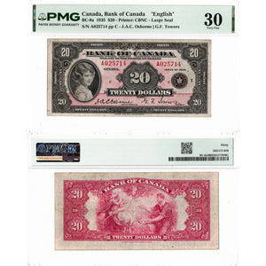 SOLD $20 1935 Bank of Canada Note English Text Large Seal BC-9a - PMG VF-30