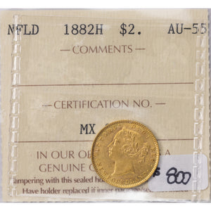 SOLD Newfoundland 1882-H $2 Two Dollars Gold Coin - ICCS AU-55
