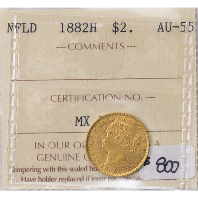 SOLD Newfoundland 1882-H $2 Two Dollars Gold Coin - ICCS AU-55