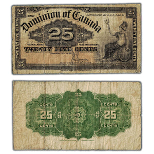 SOLD 25 Cents 1900 Dominion of Canada Shinplaster Note Saunders DC-15c - VG/F (pinholes)