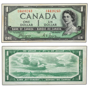 SOLD $1 1954 Bank of Canada Note Devil Face B/A Prefix BC-29a - Abt. EF (minor staining)