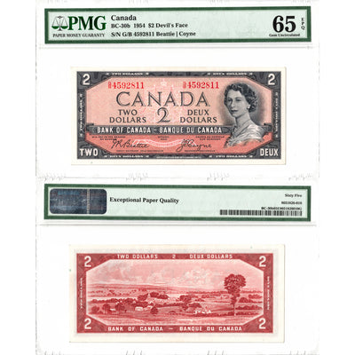 $2 1954 Bank of Canada Note Devil Face G/B Prefix BC-30b - PMG Gem UNC-65 EPQ