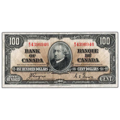 SOLD $100 1937 Bank of Canada Note Coyne-Towers B/J Prefix BC-27c - VF (minor tear)