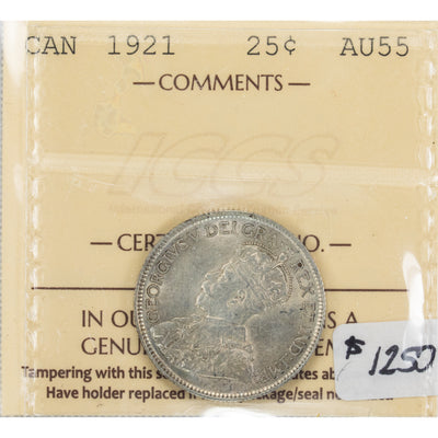 SOLD Canada 1921 25 Cents Quarter Silver Coin - ICCS AU-55