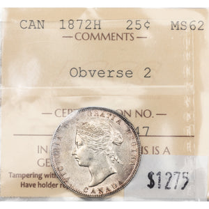 SOLD Canada 1872-H Obverse 2 25 Cents Quarter Silver Coin - ICCS MS-62