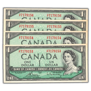 SOLD $1 1954 Bank of Canada Notes O/F Prefix BC-37c - 4 Consecutive - AU/UNC
