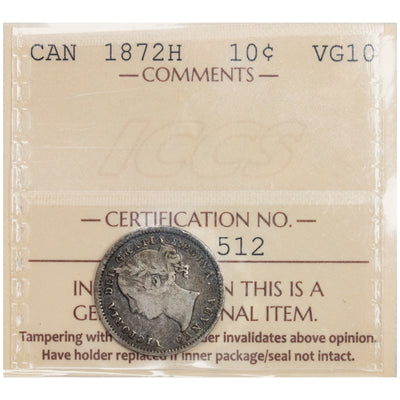 SOLD Canada 1872-H 10 Cents Dime Silver Coin - ICCS VG-10