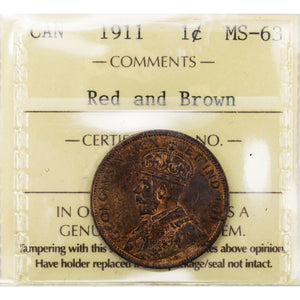 SOLD Canada 1911 1 Large Cent Coin - ICCS MS-63 Red & Brown