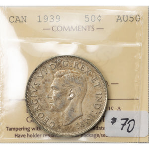 SOLD Canada 1939 50 Cents Half Dollar Silver Coin - ICCS AU-50