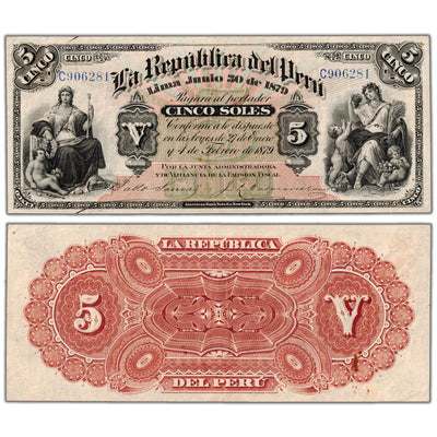 Peru 1879 5 Five Soles Note P #4 - VF+