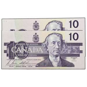SOLD $10 1989 Bank of Canada Notes BDY Prefix BC-57b - 2 Consecutive - Ch UNC