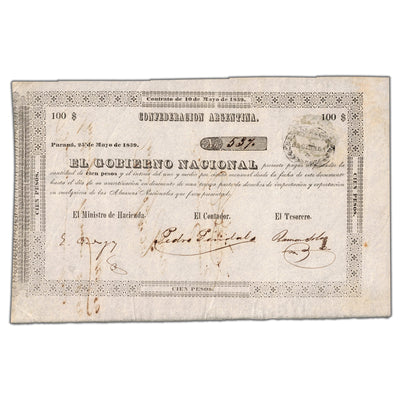SOLD Argentina Confederacion 1859 100 Pesos Note - EF+