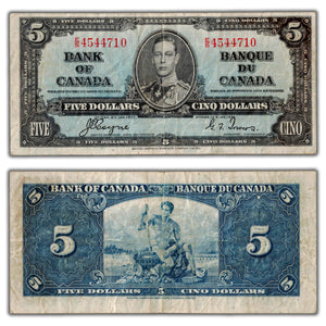 SOLD $5 1937 Bank of Canada Note Coyne-Towers E/S Prefix BC-23c - Fine (residue)