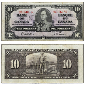 SOLD $10 1937 Bank of Canada Note Gordon-Towers W/D Prefix BC-24b - VF (writing)