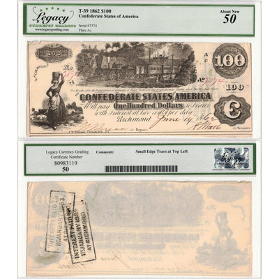 United States 1862 $100 Confederate States of America Note T-39 - Legacy AU-50