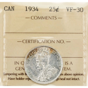 SOLD Canada 1934 25 Cents Quarter Silver Coin - ICCS VF-30