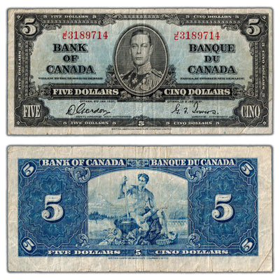 $5 1937 Bank of Canada Note Gordon-Towers J/C Prefix BC-23b - Fine