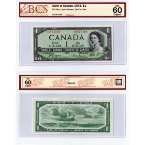 $1 1954 Bank of Canada Note Devil Face B/A Prefix BC-29a - BCS UNC-60