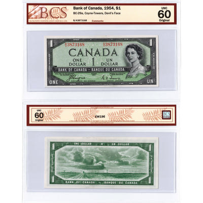 $1 1954 Bank of Canada Note Devil Face B/A Prefix BC-29a - BCS UNC-60
