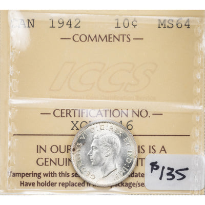 Canada 1942 10 Cents Dime Silver Coin - ICCS MS-64