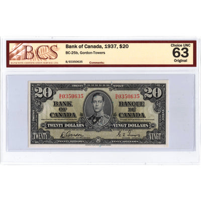$20 1937 Bank of Canada Note Gordon-Towers B/E Prefix BC-25b - BCS Ch UNC-63