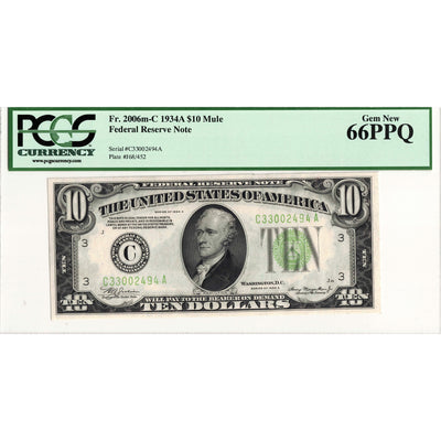 United States 1934 $10 Mule Federal Reserve Note Fr. 2006m-C - PCGS Gem UNC-66 PPQ