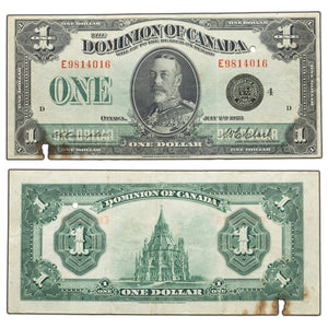 SOLD $1 1923 Dominion of Canada Note Black Seal Series E DC-25o - Damaged