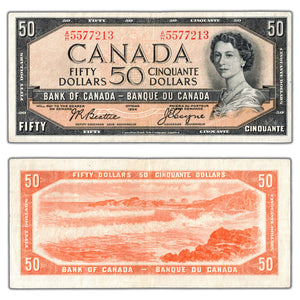 SOLD $50 1954 Bank of Canada Note Beattie-Coyne A/H Prefix BC-42a - VF