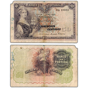 Portugal 1917 50 Centavos Note P #112a - Missing Corner/Writing