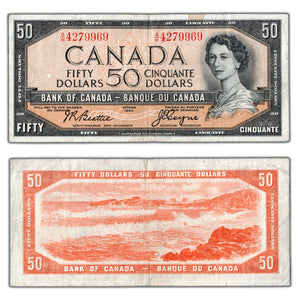 SOLD $50 1954 Bank of Canada Note Beattie-Coyne A/H Prefix BC-42a - Small Edge Stain