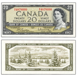 SOLD $20 1954 Bank of Canada Note Beattie-Rasminsky W/E Prefix BC-41b - AU/UNC