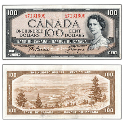 SOLD $100 1954 Bank of Canada Note Beattie-Coyne A/J Prefix BC-43a - EF/AU