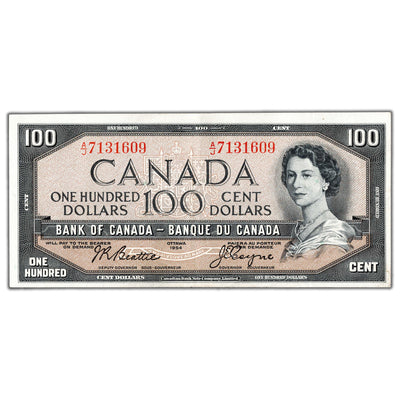 SOLD $100 1954 Bank of Canada Note Beattie-Coyne A/J Prefix BC-43a - EF/AU