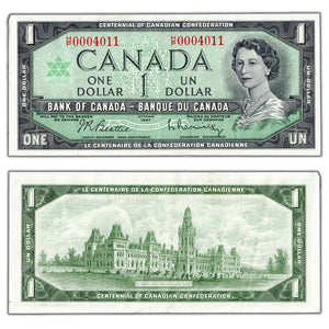 SOLD $1 1967 Bank of Canada Note H/P Prefix BC-45b-i - Lower Serial #4011