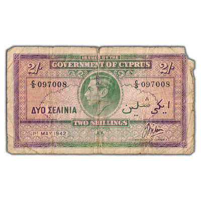 Cyprus 1942 2 Two Shillings Note P #21 - Large Tear/Missing Corner
