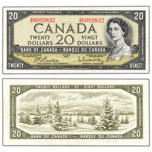 SOLD $20 1954 Bank of Canada Note Beattie-Rasminsky G/W Prefix BC-41b - EF
