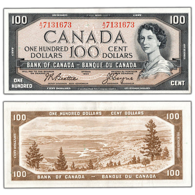SOLD $100 1954 Bank of Canada Note Beattie-Coyne A/J Prefix BC-43a - AU