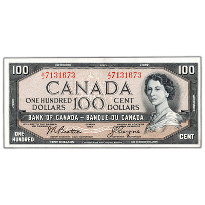 SOLD $100 1954 Bank of Canada Note Beattie-Coyne A/J Prefix BC-43a - AU
