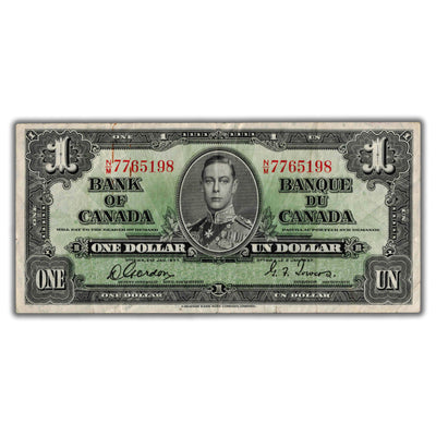 $1 1937 Bank of Canada Note Gordon-Towers N/M Prefix BC-21c - VF (minor edge tear)