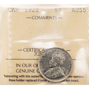 SOLD Canada 1922 5 Cents Nickel Coin - ICCS AU-55